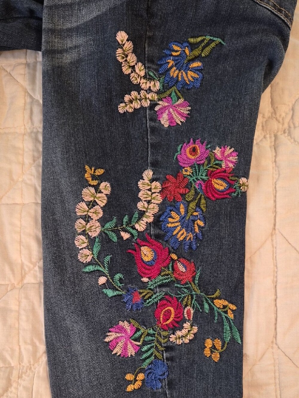 Dark Wash Embroidered Women’s Jeans - Blue with Multicolor Floral - Picture 8 of 12